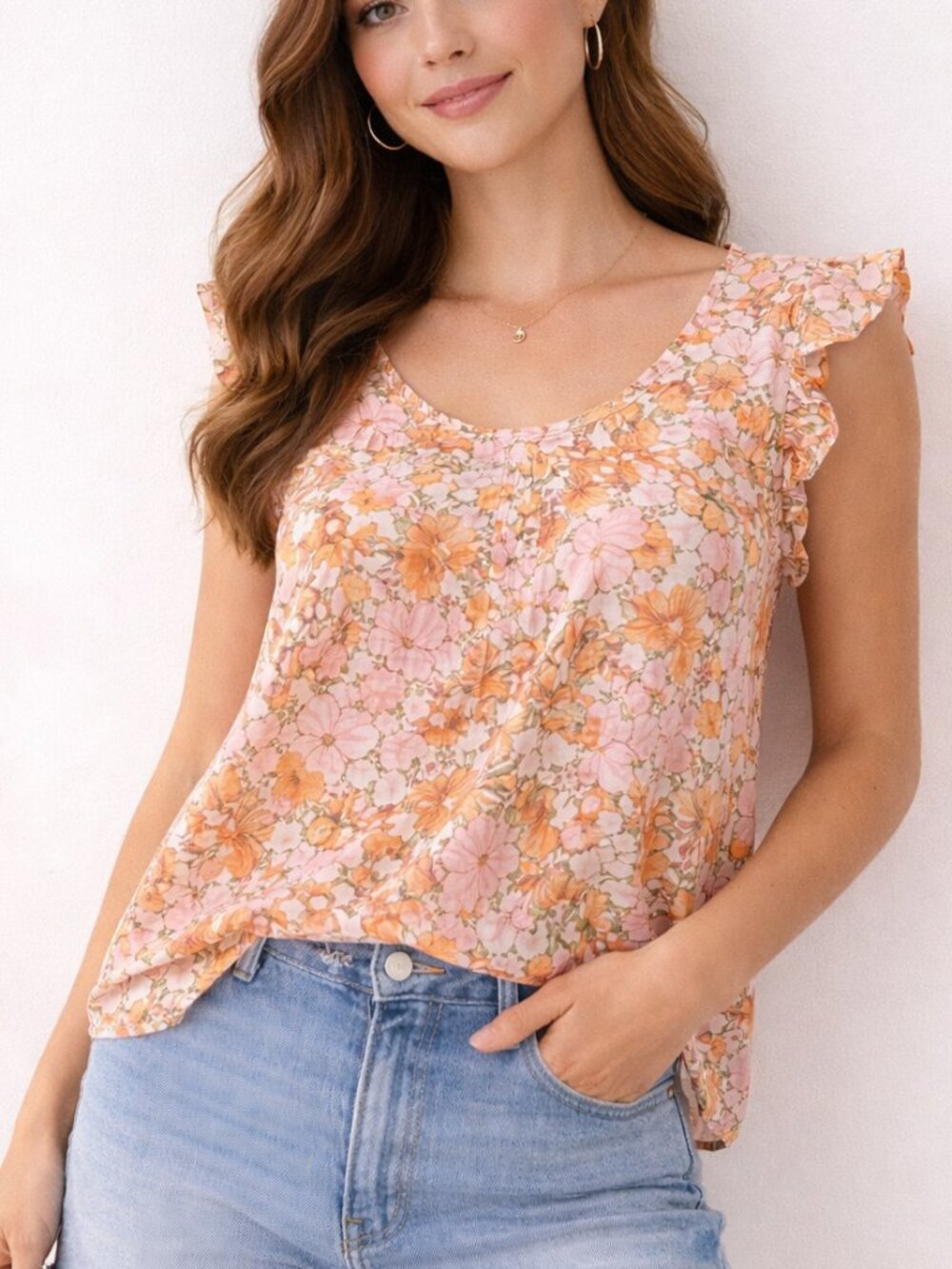 Floral Ruffle Sleeve Top By Ryegrass Small